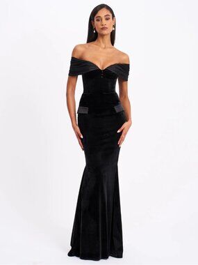 Miss Circle Qamra Black Velvet Off Shoulder Gown Dress